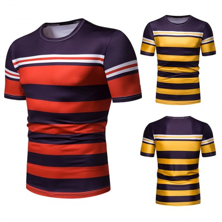 New Summer Men's Short-Sleeved T-Shirt Contrast Striped Slim Casual T-Shirt